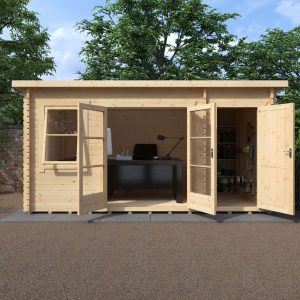 Belton Store 16×10 log cabin with front doors open