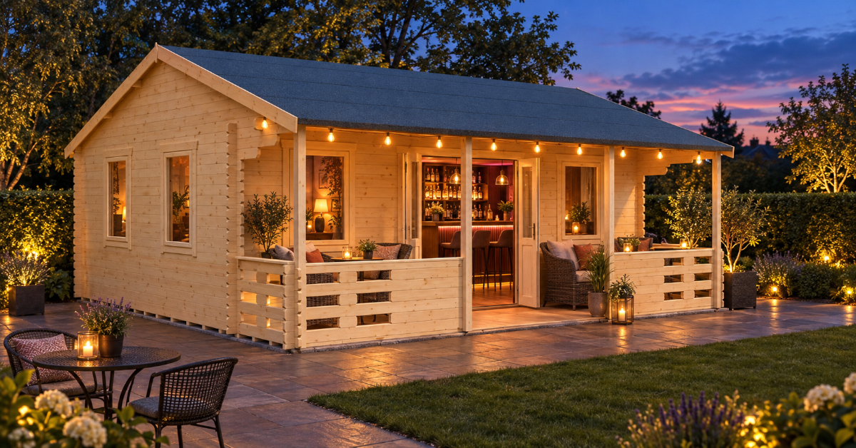 AI concept of an Adlington cabin with a bar and covered veranda seating