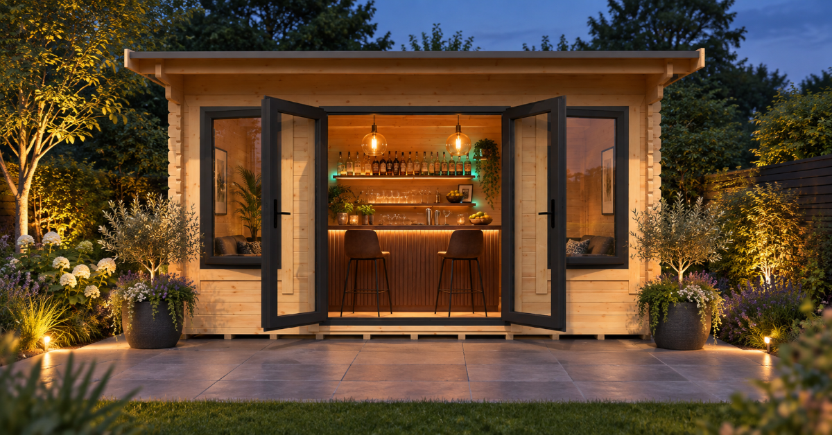 AI concept of an Ewesdale cabin with an amber-lit cocktail bar