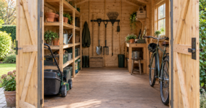 Organised timber garden shed with shelving, wall-mounted tools, a lawnmower and bicycle beside a clear central walkway.