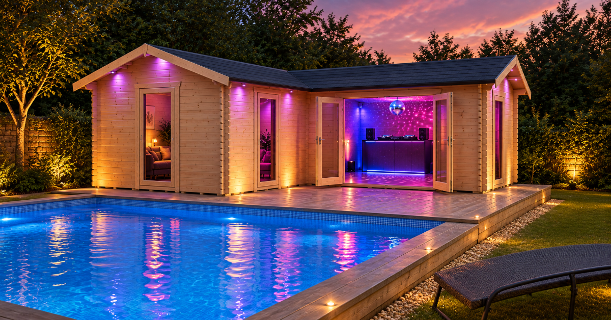 AI concept of an L-shaped cabin beside a swimming pool with a DJ booth visible through open doors