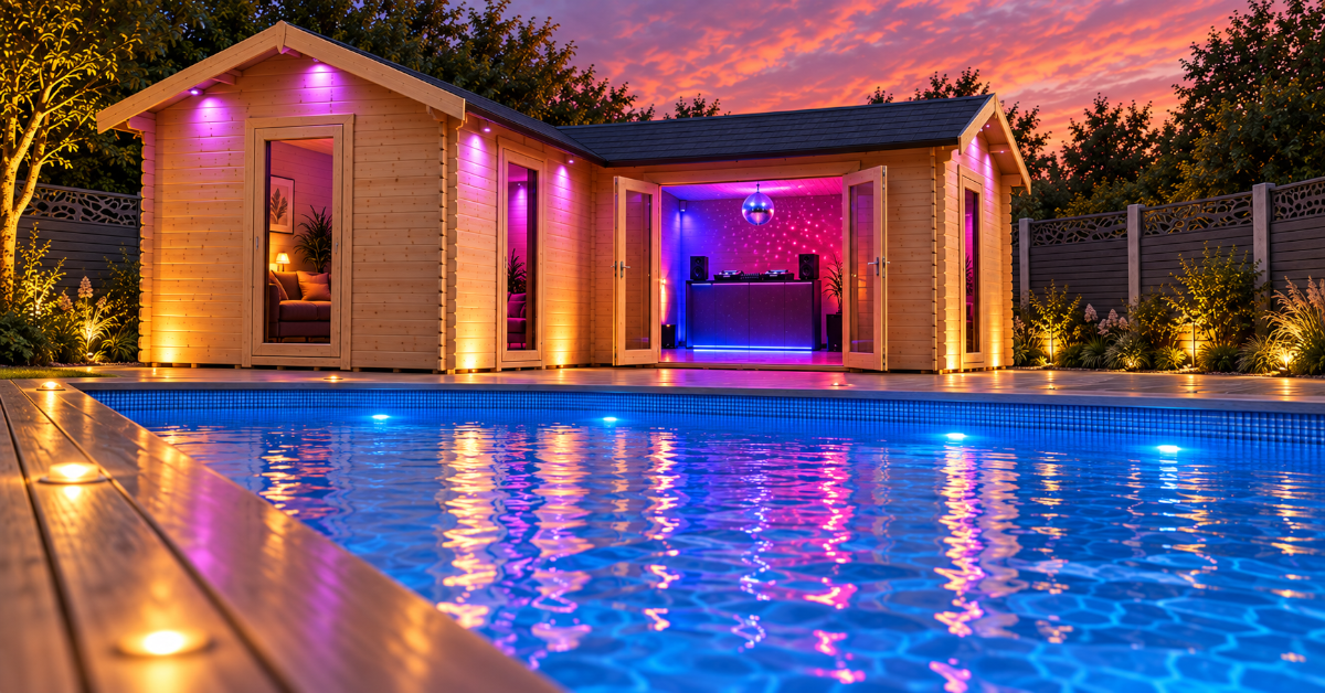 Low poolside view of an AI cabin nightclub concept with coloured lighting and decorative black fencing