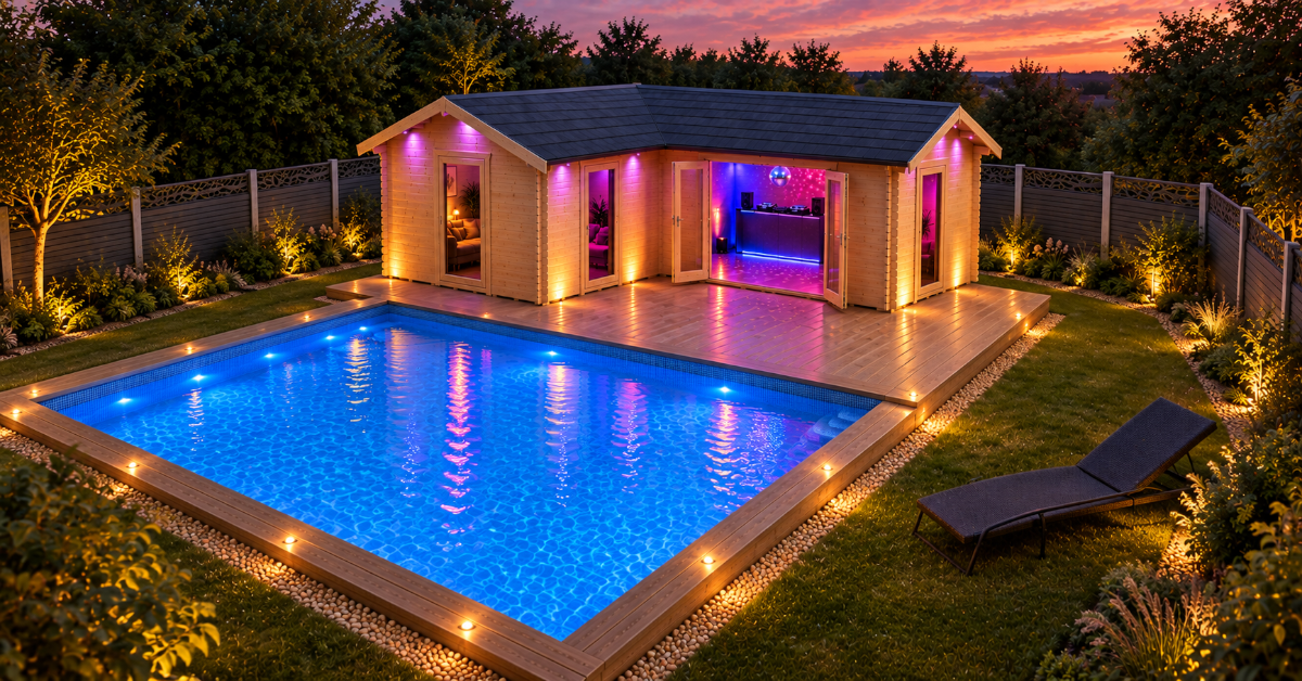 Elevated view of an AI garden concept with a swimming pool, L-shaped cabin and black perimeter fencing