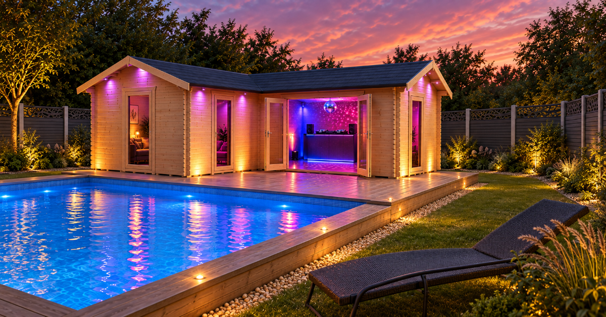 AI poolside cabin nightclub concept with a lounger, illuminated planting and black garden fencing