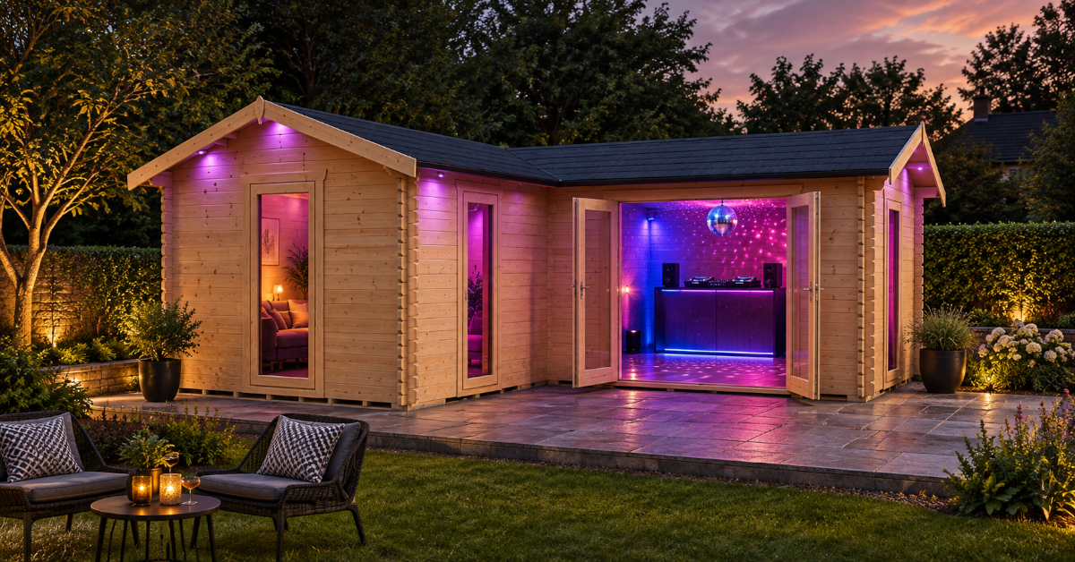 AI concept of an L-shaped cabin with an illuminated DJ booth, mirror ball and garden seating