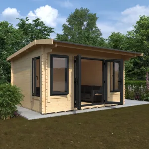 Ewesdale 14×12 log cabin with uPVC doors open
