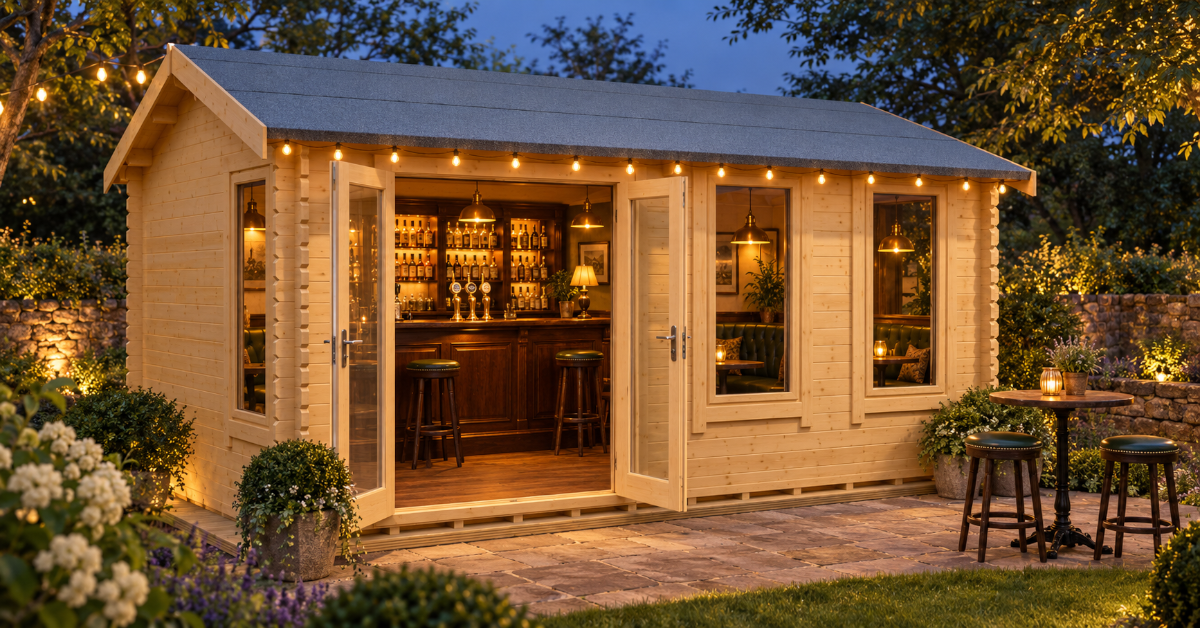 AI concept of a Sherborne cabin styled as a traditional garden pub