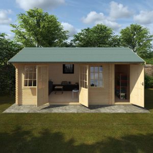Dalton Store log cabin shown with outdoor furniture