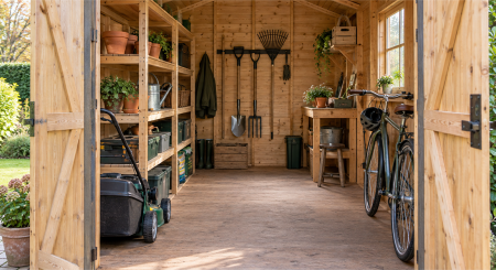 Organised timber garden shed with shelving, wall-mounted tools, a lawnmower and bicycle beside a clear central walkway.