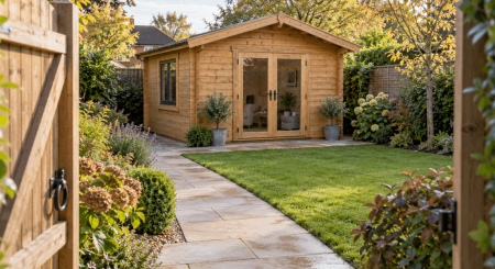 Timber garden cabin with double doors beside a paved path viewed through an open wooden gate.