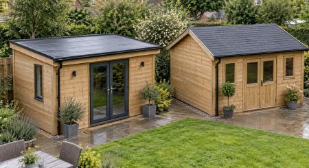 Two single-storey timber garden buildings in a UK garden, one with a dark membrane pent roof and one with a shingle apex roof