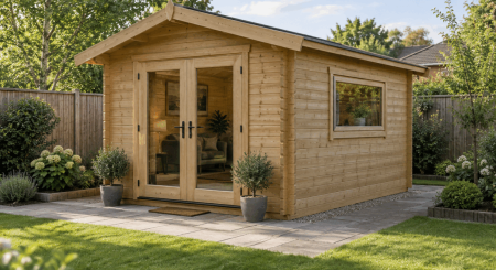 Single-storey timber garden cabin with glazed doors and side window in a UK-style garden