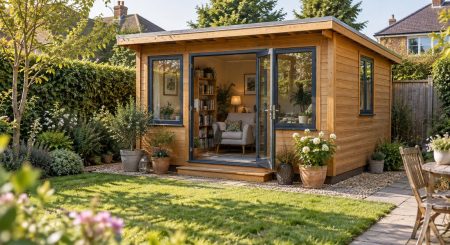 Single-storey timber garden cabin with glazed door and a reading chair in a planted garden