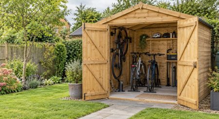 Timber garden shed with open double doors, three bicycles, helmet shelving and organised storage in a planted UK garden