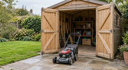 Timber garden shed with both doors open and a lawnmower on a clear paved approach.