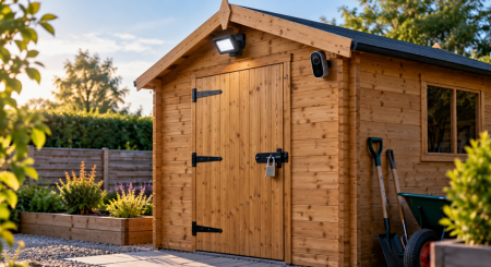 Secure timber garden shed with padlock, outdoor security light and camera