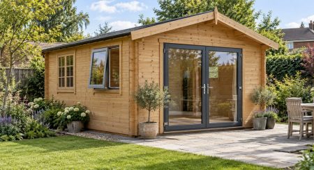 Single-storey timber log cabin with full-pane glazed double doors, a Georgian-style window and an open window in a planted UK garden