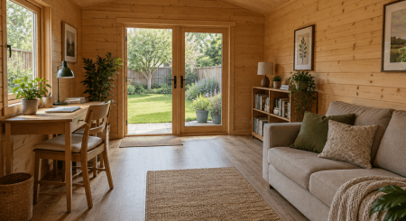 Timber garden cabin interior with a desk, sofa and clear walkway to glazed double doors.