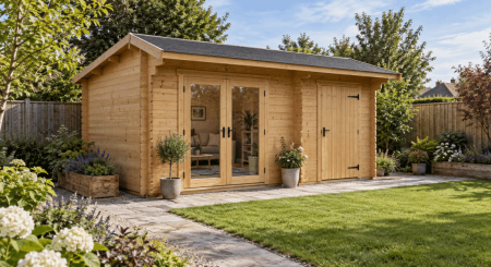 Single-storey timber cabin with glazed double doors and a separate solid timber door beside a lawn and paved path.