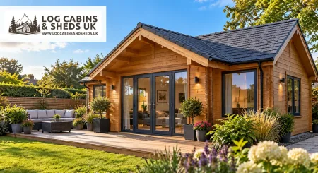 Timber garden cabin on a prepared base with the official Log Cabins and Sheds UK logo