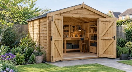 Single-storey timber garden workshop with open double doors, a workbench, hand tools and shelving in a planted UK garden