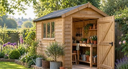 Timber garden shed with an open door, potting bench, terracotta pots and hand tools beside a planted border