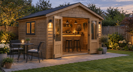 Single-storey timber garden shed with open doors, a bar counter, stools and patio seating