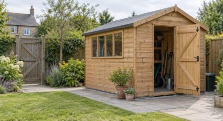Timber garden shed with an open door on a paved base in a UK garden