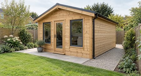 Single-storey timber garden cabin with a clear gravel maintenance path, accessible guttering and planting set back from the walls