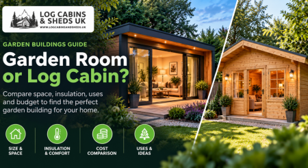 Modern garden room compared with a traditional timber log cabin in landscaped gardens
