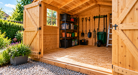 Clean timber flooring inside an organised wooden garden shed with open double doors