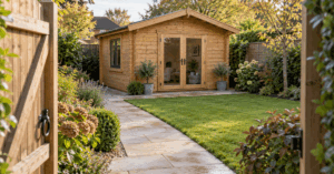 Timber garden cabin with double doors beside a paved path viewed through an open wooden gate.