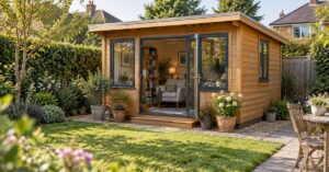 Single-storey timber garden cabin with glazed door and a reading chair in a planted garden