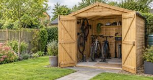 Timber garden shed with open double doors, three bicycles, helmet shelving and organised storage in a planted UK garden