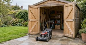 Timber garden shed with both doors open and a lawnmower on a clear paved approach.