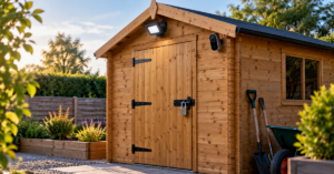 Secure timber garden shed with padlock, outdoor security light and camera