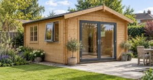 Single-storey timber log cabin with full-pane glazed double doors, a Georgian-style window and an open window in a planted UK garden