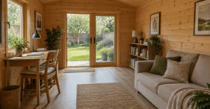 Timber garden cabin interior with a desk, sofa and clear walkway to glazed double doors.