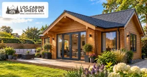 Timber garden log cabin with a pitched dark shingle roof and official Log Cabins and Sheds UK logo