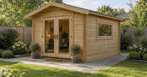 Single-storey timber cabin with glazed double doors and a side window beside a paved path and lawn.