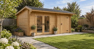 Single-storey timber cabin with glazed double doors and a separate solid timber door beside a lawn and paved path.
