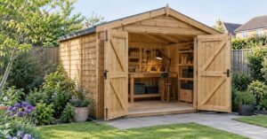 Single-storey timber garden workshop with open double doors, a workbench, hand tools and shelving in a planted UK garden