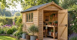 Timber garden shed with an open door, potting bench, terracotta pots and hand tools beside a planted border