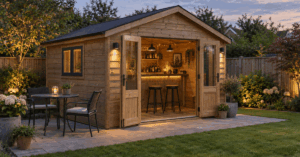 Single-storey timber garden shed with open doors, a bar counter, stools and patio seating