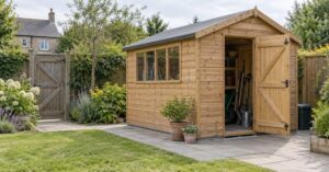 Timber garden shed with an open door on a paved base in a UK garden