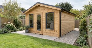 Single-storey timber garden cabin with a clear gravel maintenance path, accessible guttering and planting set back from the walls