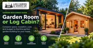 Modern garden room compared with a traditional timber log cabin in landscaped gardens