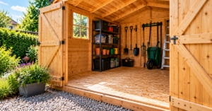 Clean timber flooring inside an organised wooden garden shed with open double doors